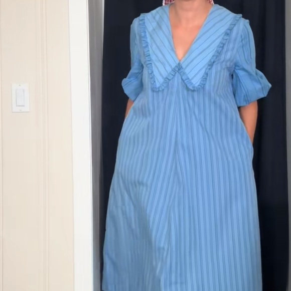 ISO Ganni re cut striped cotton v neck midi dress - Picture 2 of 2
